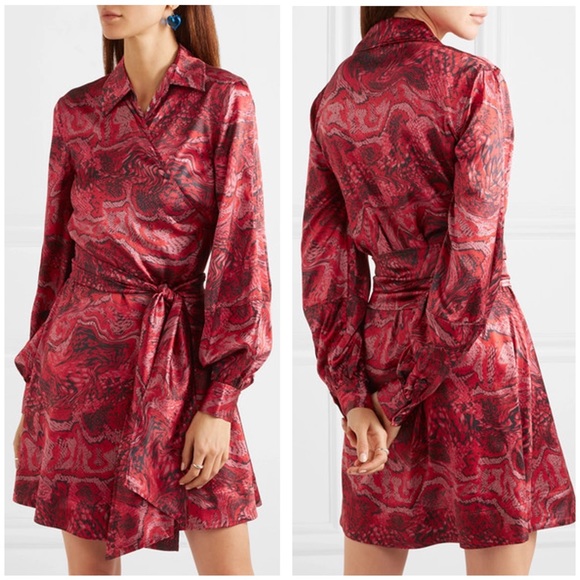 GANNI Silk Stretch Satin Mini Dress Belted Printed Wrap Size 42EU Red - Picture 5 of 10